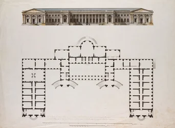 Elewacja północna i plan przyziemia Pałacu Aleksandra w Carskim Siole, ok. 1780 (pióro i czarno-brązowy tusz, szare lanie i toaleta na papierze)